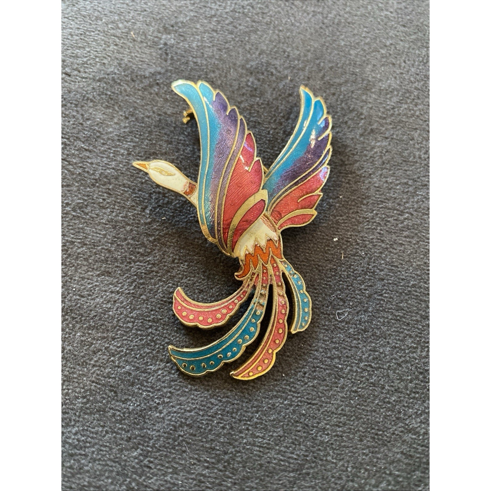 Vintage Enamel Peacock Brooch Bird In Flight Gold Tone 2.5 Inch Colorful Pin
